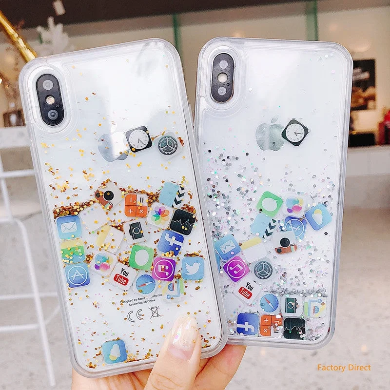 iPhone 12 11 Pro Max cute shining Casing popular APPs icons youtube twitter facebook meta instangram glitter liquid quicksand phone case For apple X XR XS Max SE 2020 with window clock