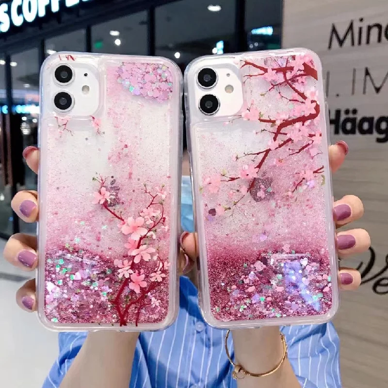 Shining Casing for Samsung A10S A12 A20 A30 A21S A31 A50 A51 A52 A70 A71 A81 A91 Cute peach flower glossy quicksand phone case pink flowing flowerings for woman kids