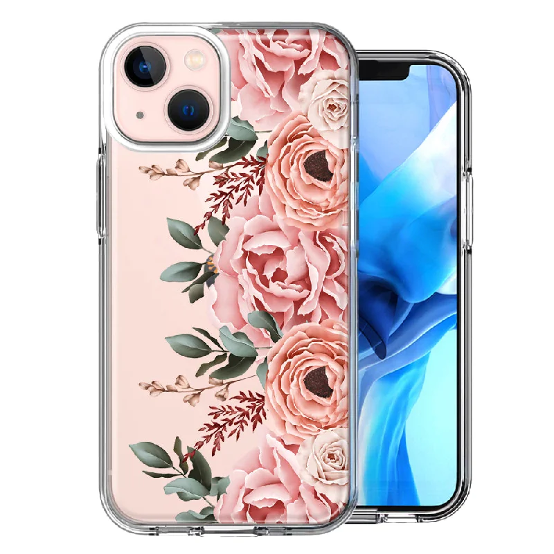 For Apple iPhone 15 Blush Pink Peach Spring Flowers Peony Rose Case Cover