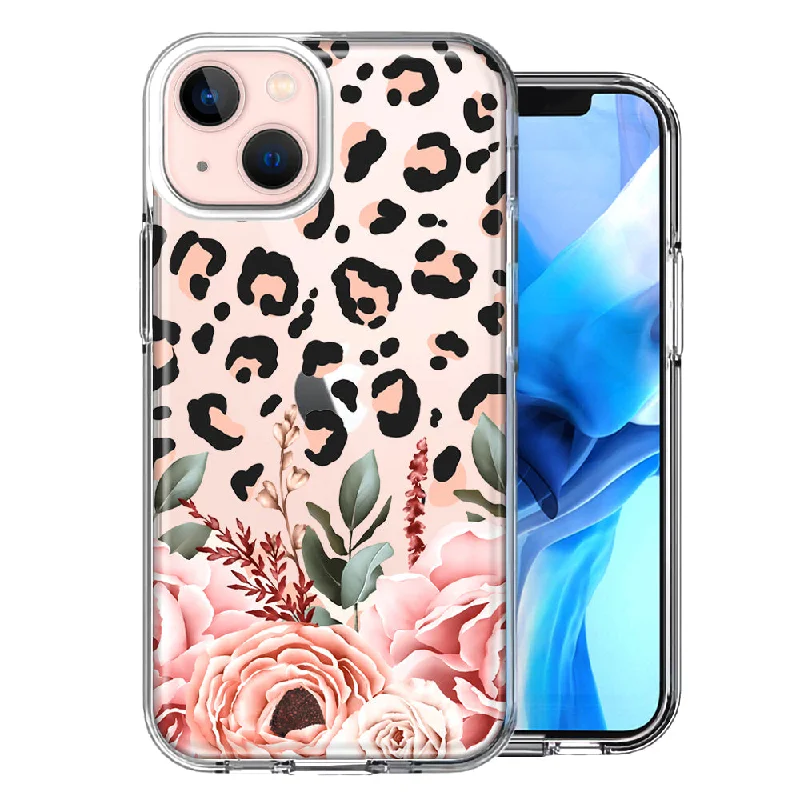 For Apple iPhone 15 Classy Blush Peach Peony Rose Flowers Leopard Case Cover