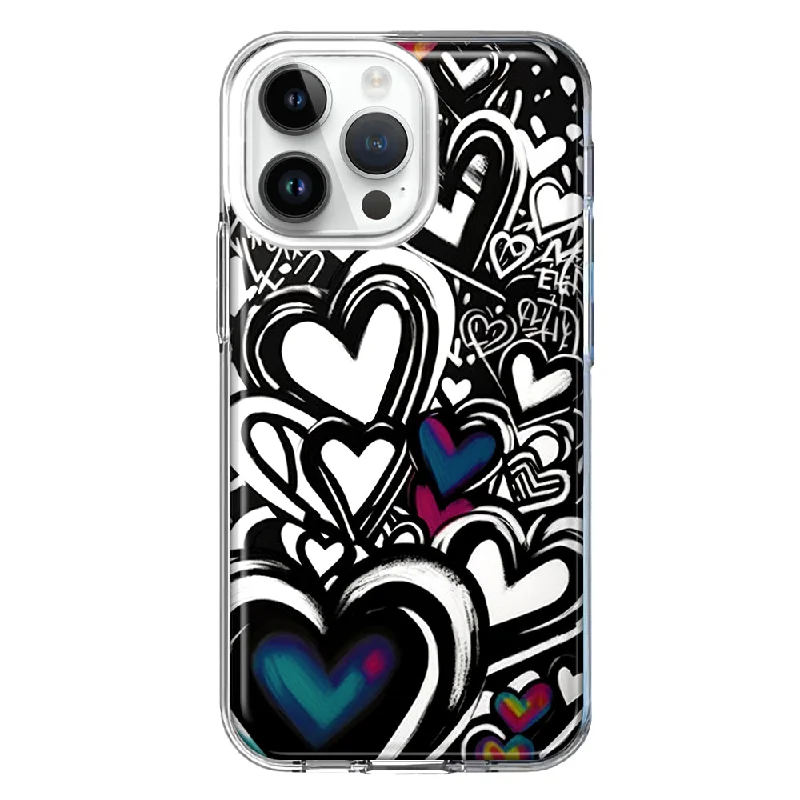 For Apple iPhone 15 Pro Max Black White Hearts Love Graffiti Design Hybrid Protective Phone Case Cover