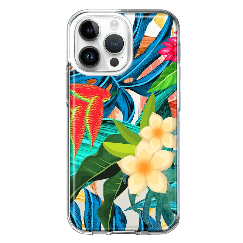 For Apple iPhone 15 Pro Max Blue Monstera Pothos Tropical Floral Summer Flowers Design Hybrid Protective Phone Case Cover