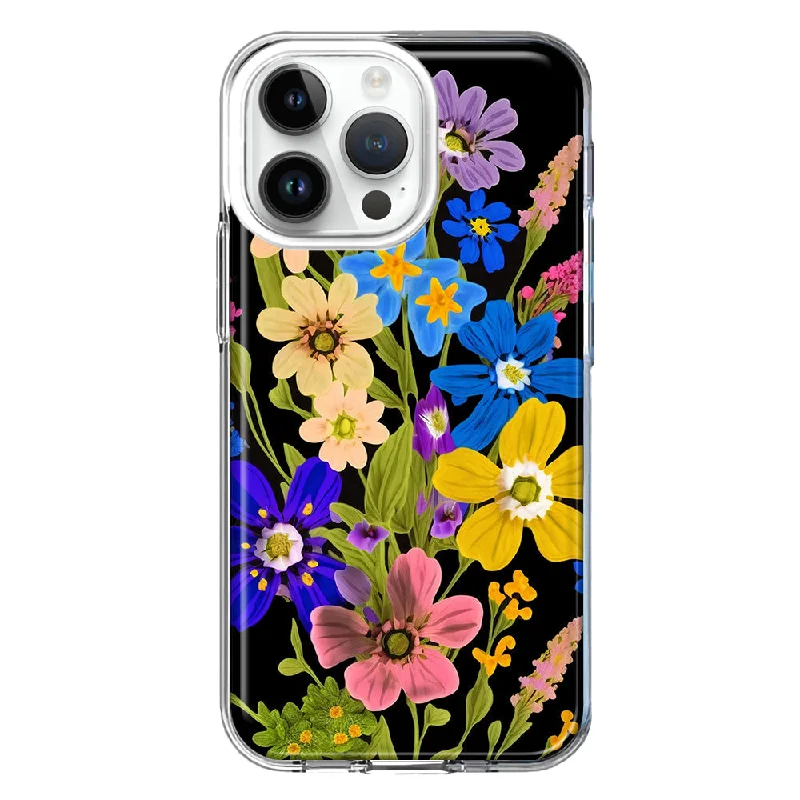 For Apple iPhone 15 Pro Max Blue Yellow Vintage Spring Wild Flowers Floral Design Hybrid Protective Phone Case Cover