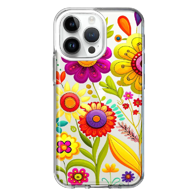 For Apple iPhone 15 Pro Max Colorful Yellow Pink Folk Style Floral Vibrant Spring Flowers Design Hybrid Protective Phone Case Cover