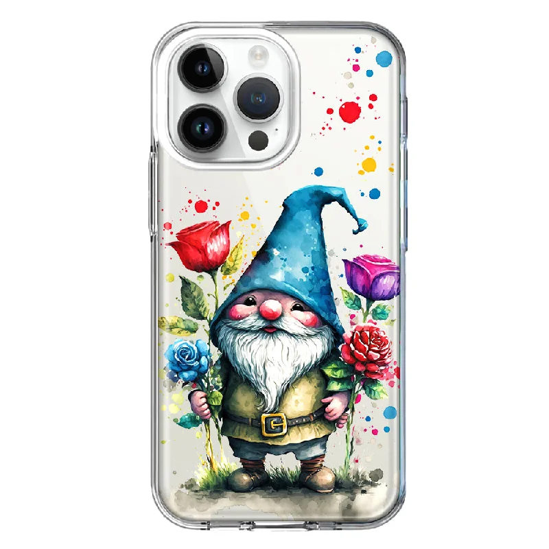 For Apple iPhone 15 Pro Max Gnome Red Purple Blue Roses Garden Design Hybrid Protective Phone Case Cover