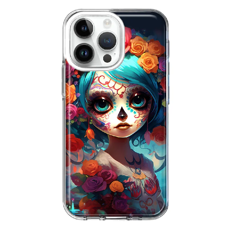 For Apple iPhone 15 Pro Max Halloween Spooky Colorful Day of the Dead Skull Girl Design Hybrid Protective Phone Case Cover