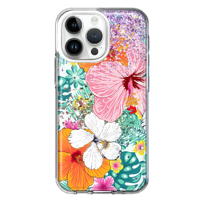 For Apple iPhone 15 Pro Max Hawaiian Vibes Hibiscus Flowers Monstera Vacation Summer Design Hybrid Protective Phone Case Cover