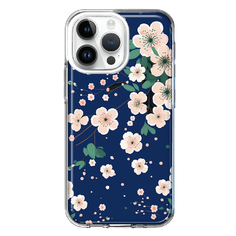 For Apple iPhone 15 Pro Max Kawaii Japanese Pink Cherry Blossom Navy Blue Design Hybrid Protective Phone Case Cover