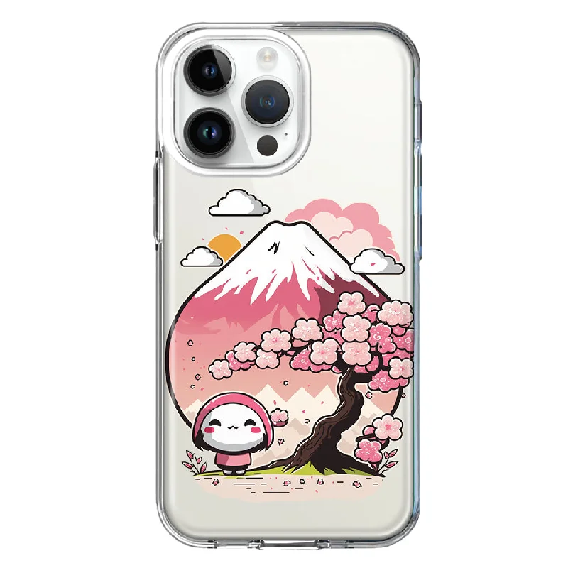 For Apple iPhone 15 Pro Max Kawaii Manga Pink Cherry Blossom Fuji Mountain Mochi Girl Hybrid Protective Phone Case Cover