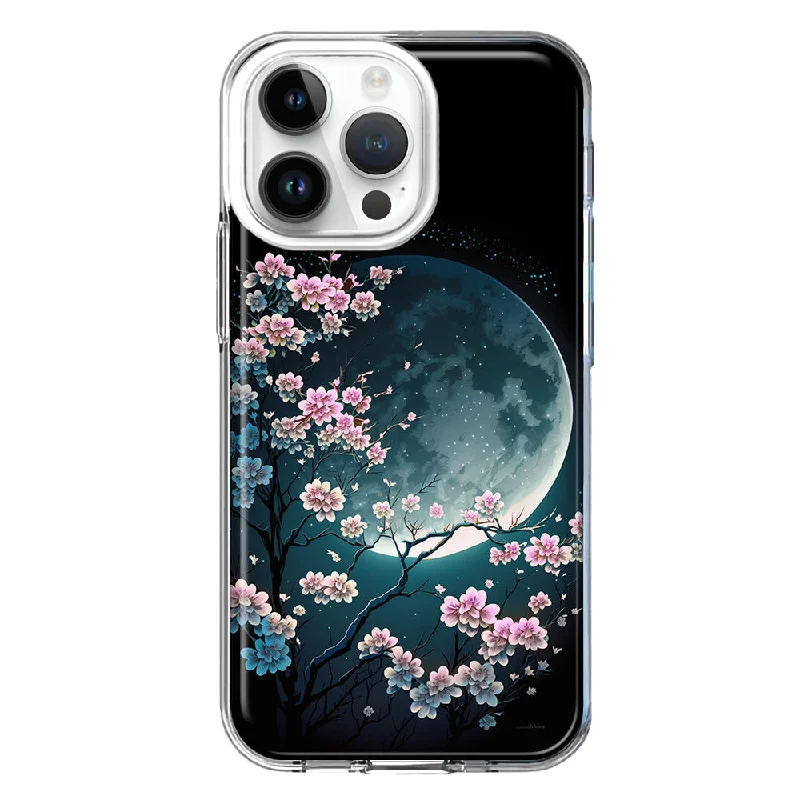 For Apple iPhone 15 Pro Max Kawaii Manga Pink Cherry Blossom Full Moon Design Hybrid Protective Phone Case Cover