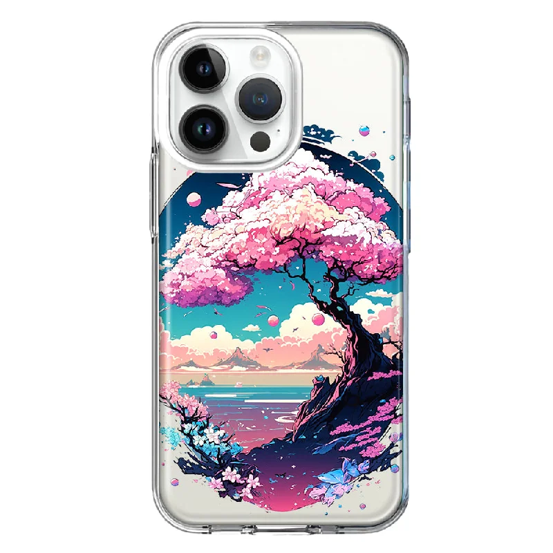 For Apple iPhone 15 Pro Max Kawaii Manga Pink Cherry Blossom Japanese Sky Floral Ocean Hybrid Protective Phone Case Cover