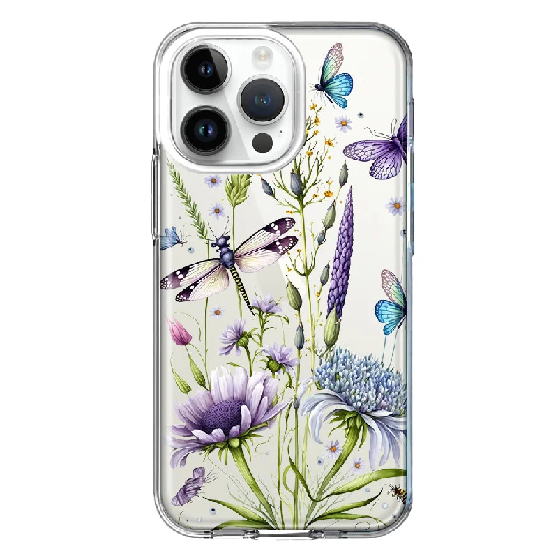 For Apple iPhone 15 Pro Max Lavender Dragonfly Butterflies Spring Flowers Design Hybrid Protective Phone Case Cover