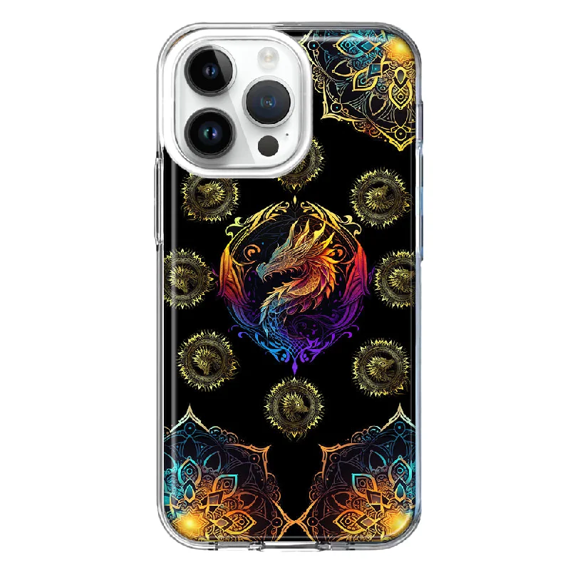 For Apple iPhone 15 Pro Max Mandala Geometry Abstract Dragon Pattern Design Hybrid Protective Phone Case Cover