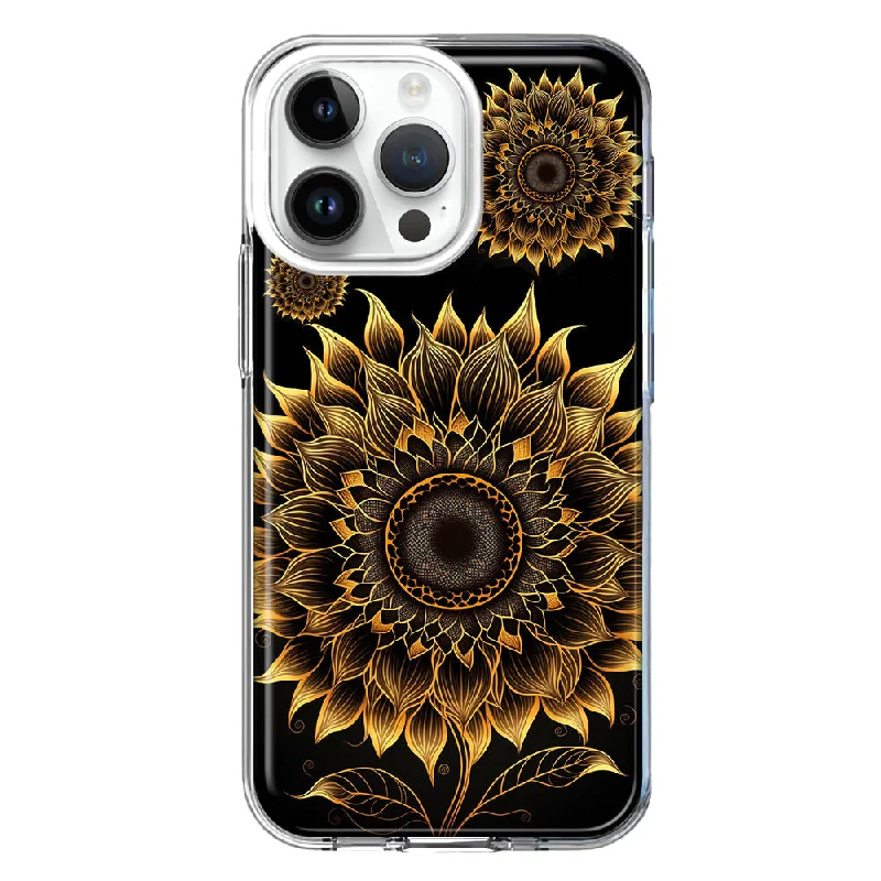 For Apple iPhone 15 Pro Max Mandala Geometry Abstract Sunflowers Pattern Design Hybrid Protective Phone Case Cover