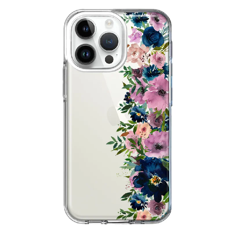 For Apple iPhone 15 Pro Max Navy Blue Summer Watercolor Floral Classic Purple Flowers Design Hybrid Protective Phone Case Cover