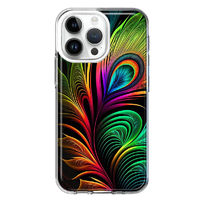 For Apple iPhone 15 Pro Max Neon Rainbow Glow Peacock Feather Hybrid Protective Phone Case Cover