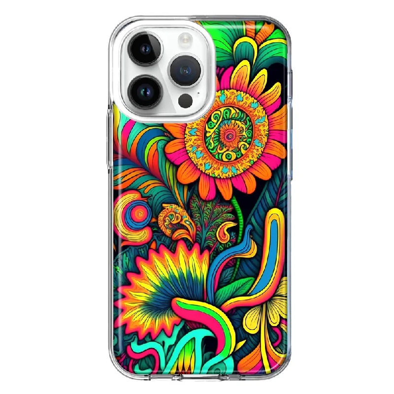 For Apple iPhone 15 Pro Max Neon Rainbow Psychedelic Indie Hippie Sunflowers Hybrid Protective Phone Case Cover