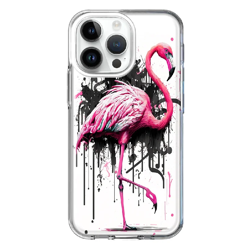 For Apple iPhone 15 Pro Max Pink Flamingo Painting Graffiti Design Hybrid Protective Phone Case Cover