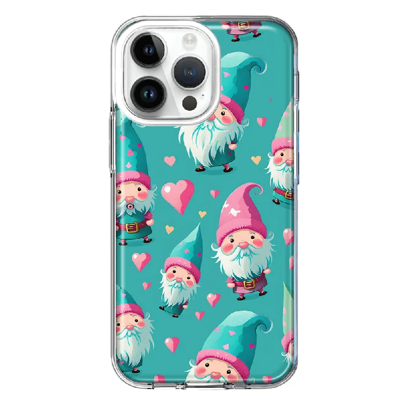 For Apple iPhone 15 Pro Max Turquoise Pink Hearts Gnomes Design Hybrid Protective Phone Case Cover