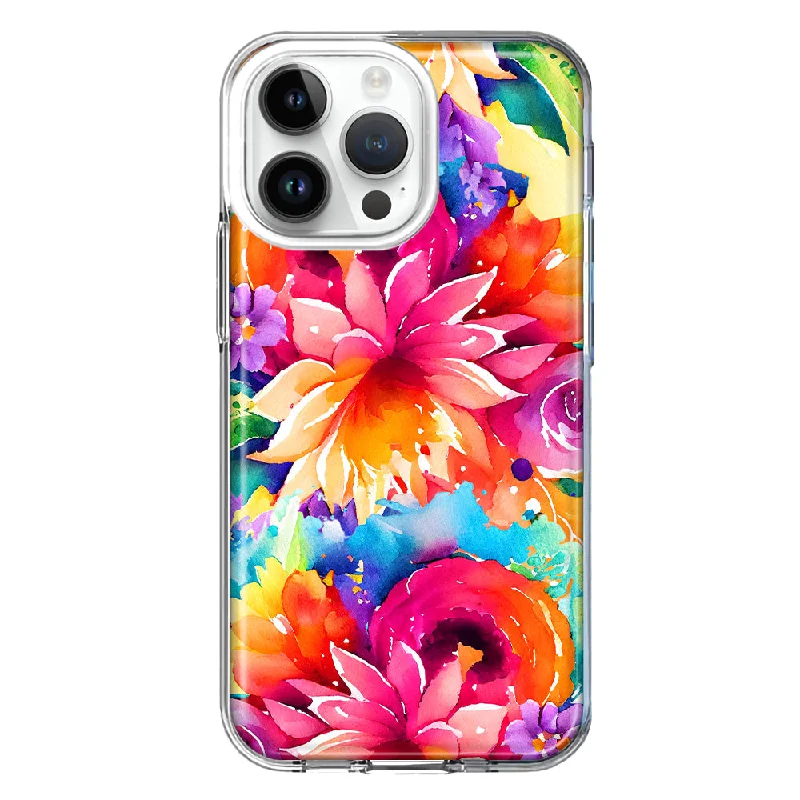 For Apple iPhone 15 Pro Max Watercolor Paint Summer Rainbow Flowers Bouquet Bloom Floral Design Hybrid Protective Phone Case Cover