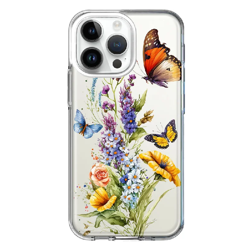 For Apple iPhone 15 Pro Max Yellow Purple Spring Flowers Butterflies Floral Hybrid Protective Phone Case Cover