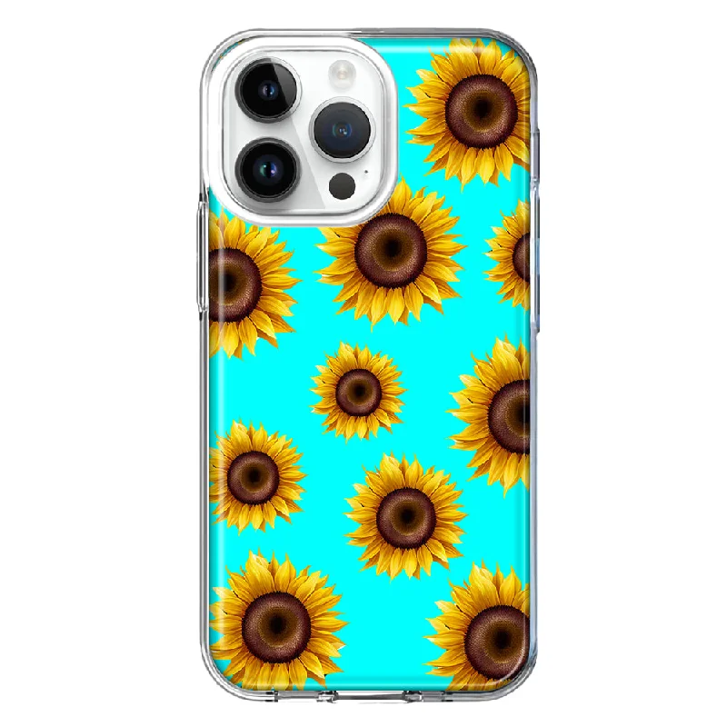 For Apple iPhone 15 Pro Max Yellow Sunflowers Polkadot on Turquoise Teal Double Layer Phone Case Cover