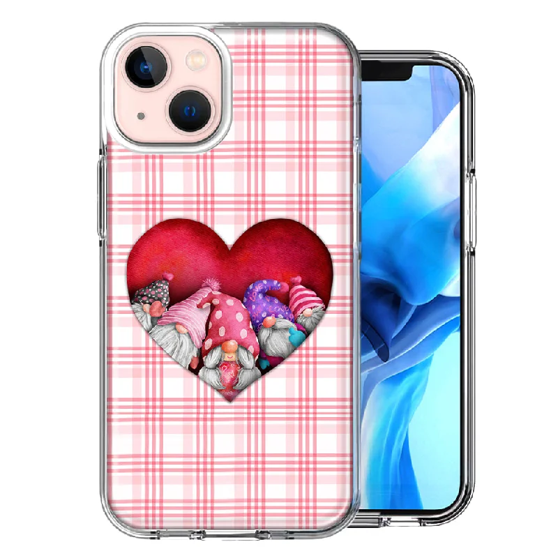 For Apple iPhone 15 Valentine's Day Garden Gnomes Heart Love Pink Plaid Case Cover