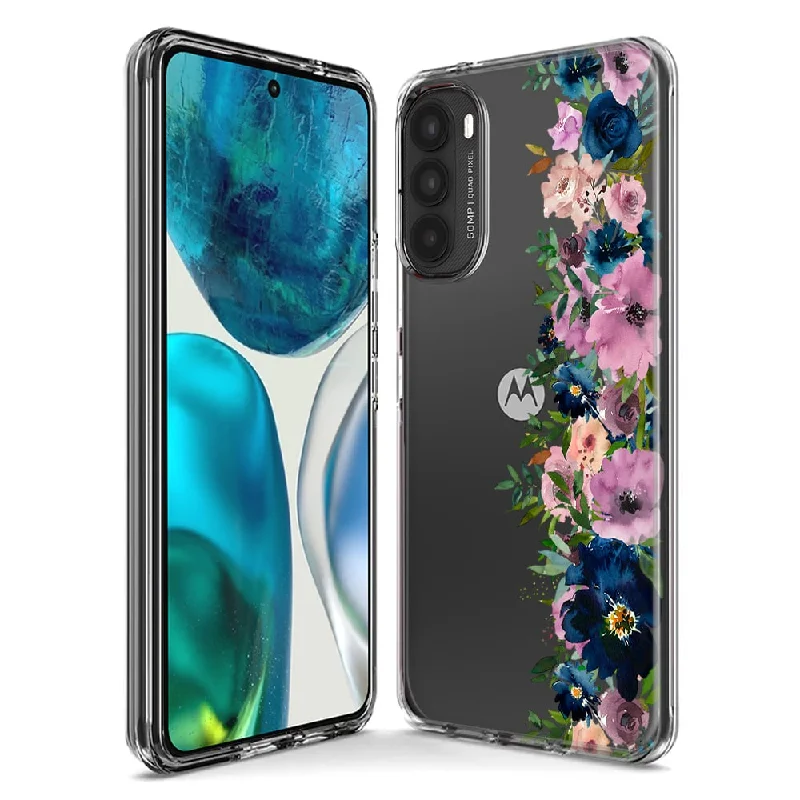 For Motorola Moto G Stylus 5G 2023 Navy Blue Summer Watercolor Floral Classic Purple Flowers Design Hybrid Protective Phone Case Cover