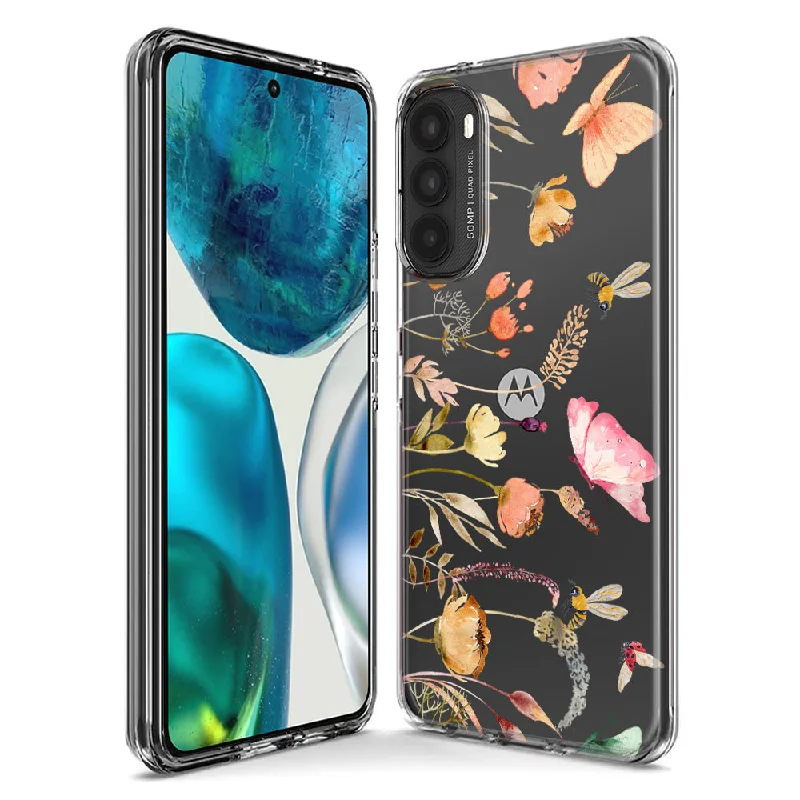 For Motorola Moto G Stylus 5G 2023 Peach Meadow Wildflowers Butterflies Bees Watercolor Floral Design Hybrid Protective Phone Case Cover