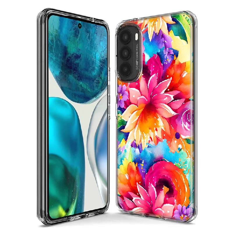 For Motorola Moto G 5G G Power 2023 Watercolor Paint Summer Rainbow Flowers Bouquet Bloom Floral Design Hybrid Protective Phone Case Cover