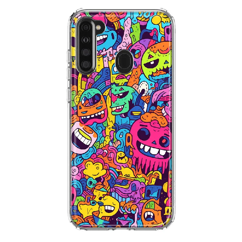 For Samsung Galaxy A21 Psychedelic Trippy Happy Characters Pop Art Design Hybrid Protective Phone Case Cover