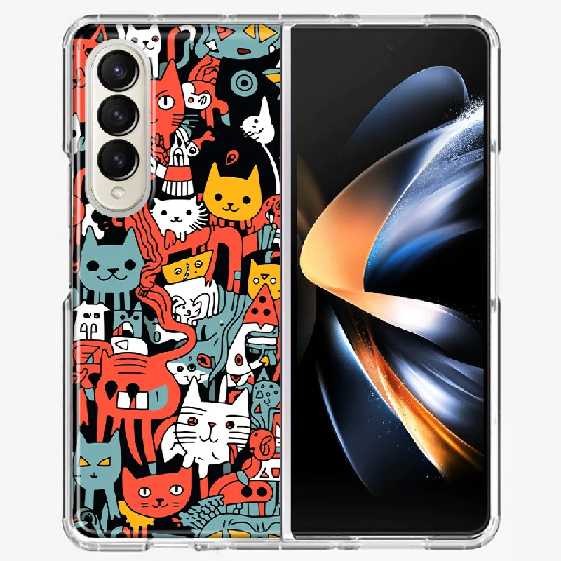 For Samsung Galaxy Z Fold 4 Psychedelic Cute Cats Friends Pop Art Design Hybrid Protective Phone Case Cover