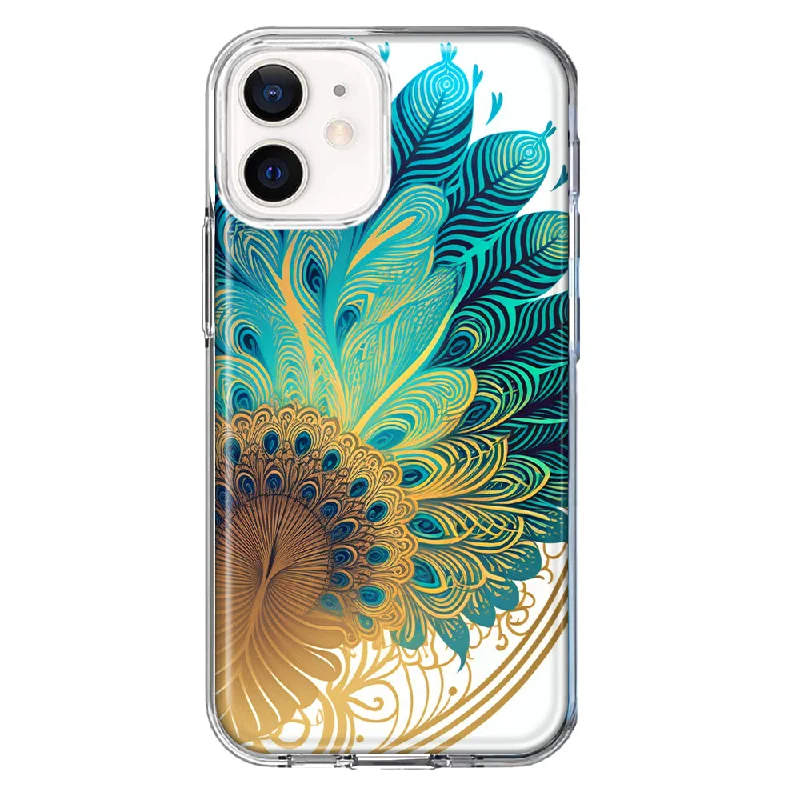 For Apple iPhone 12 Mandala Geometry Abstract Peacock Feather Pattern Design Hybrid Protective Phone Case Cover