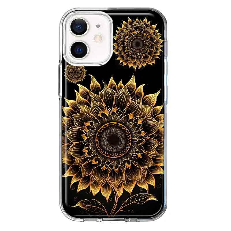 For Apple iPhone 12 Mini Mandala Geometry Abstract Sunflowers Pattern Design Hybrid Protective Phone Case Cover