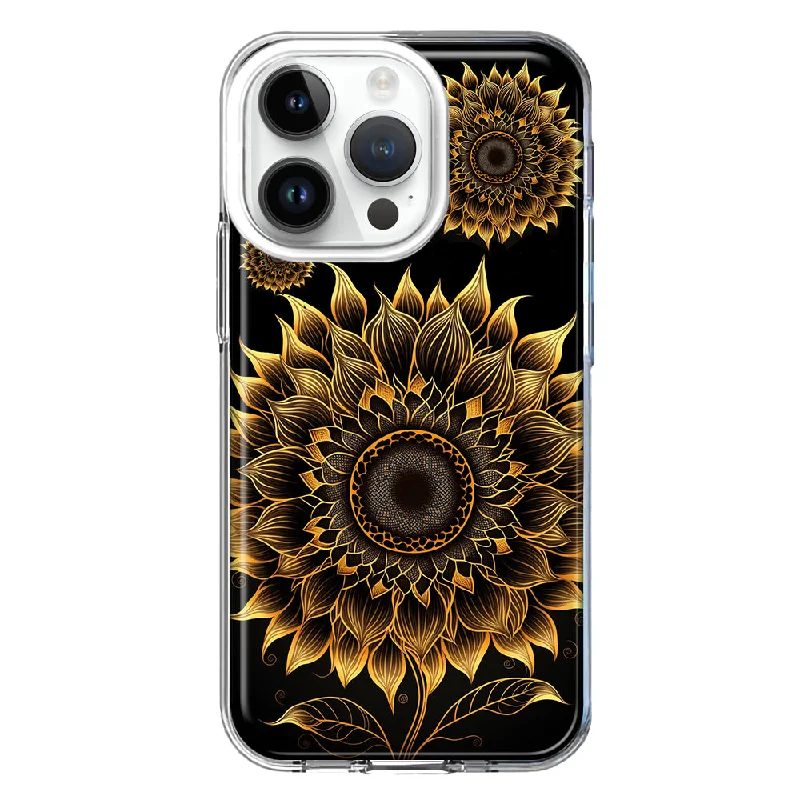 For Apple iPhone 14 Pro Mandala Geometry Abstract Sunflowers Pattern Design Hybrid Protective Phone Case Cover