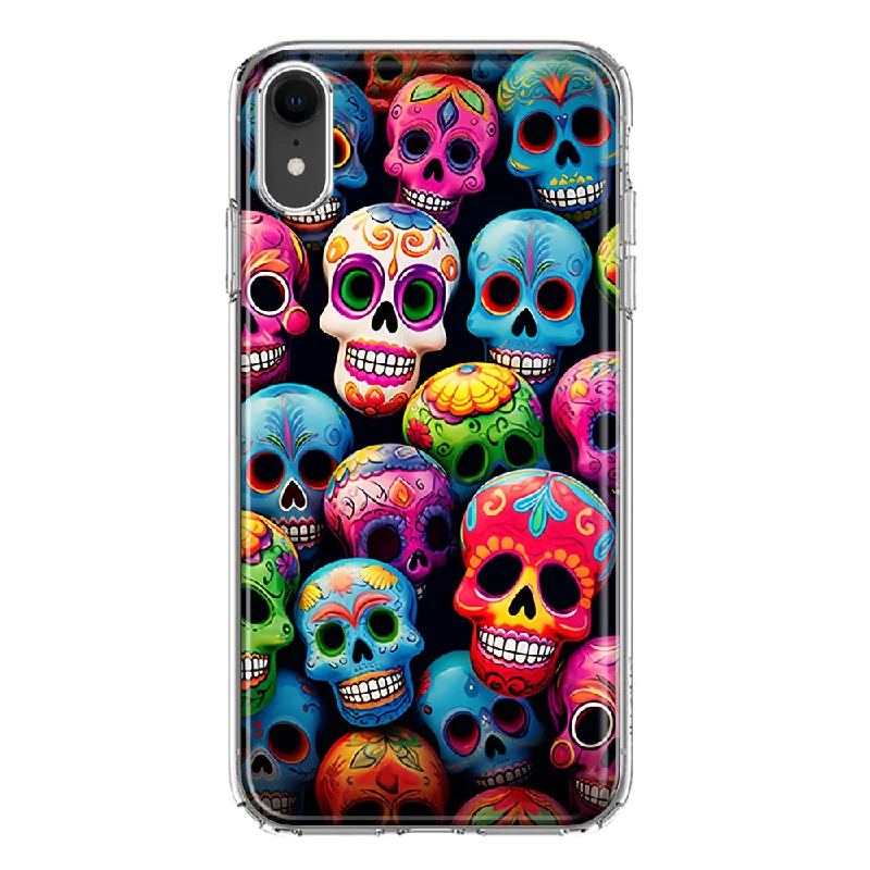 For Apple iPhone XR Halloween Spooky Colorful Day of the Dead Skulls Design Hybrid Protective Phone Case Cover