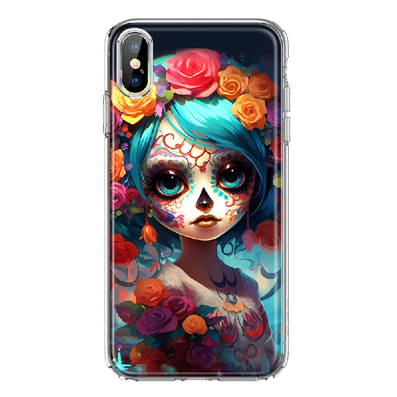 For Apple iPhone XS Max Halloween Spooky Colorful Day of the Dead Skull Girl Design Hybrid Protective Phone Case Cover