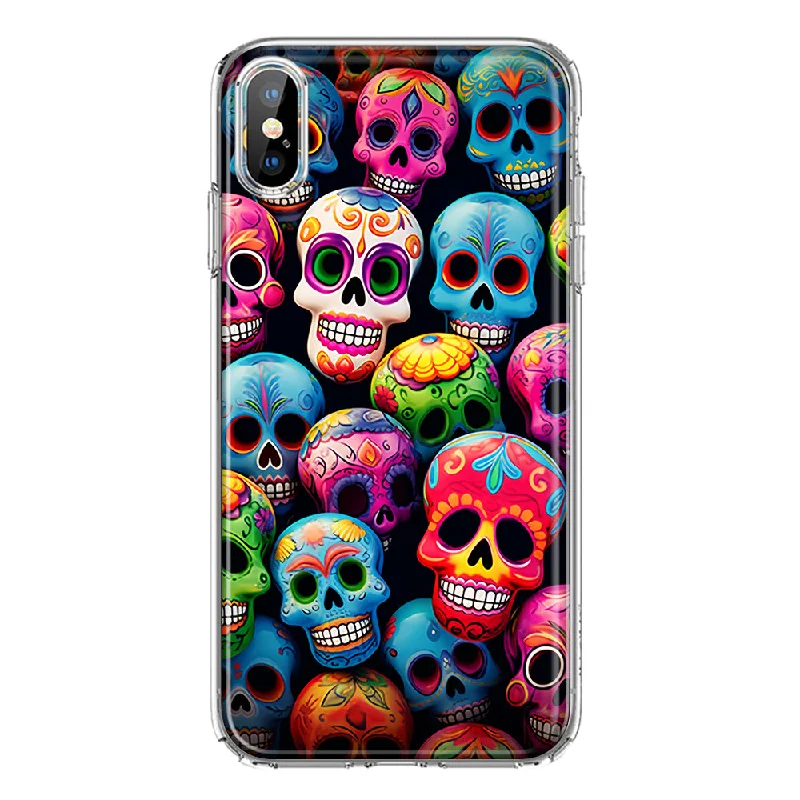 For Apple iPhone XS Max Halloween Spooky Colorful Day of the Dead Skulls Design Hybrid Protective Phone Case Cover