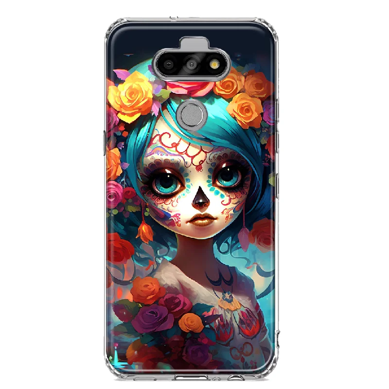 For LG Aristo 5/Phoenix 5/Risio 4 Halloween Spooky Colorful Day of the Dead Skull Girl Design Hybrid Protective Phone Case Cover