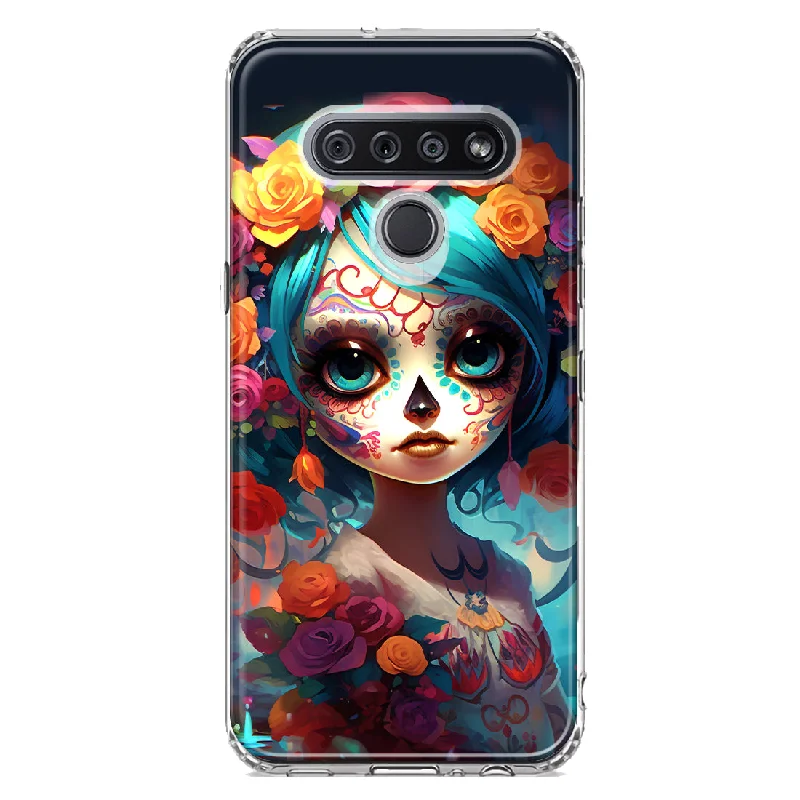 For LG K51 Halloween Spooky Colorful Day of the Dead Skull Girl Design Hybrid Protective Phone Case Cover