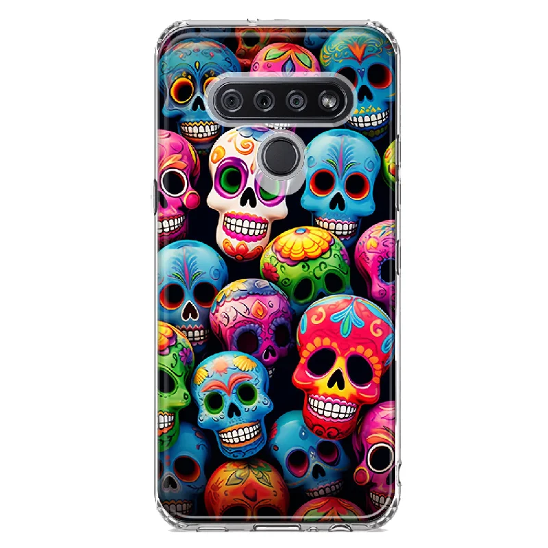 For LG K51 Halloween Spooky Colorful Day of the Dead Skulls Design Hybrid Protective Phone Case Cover