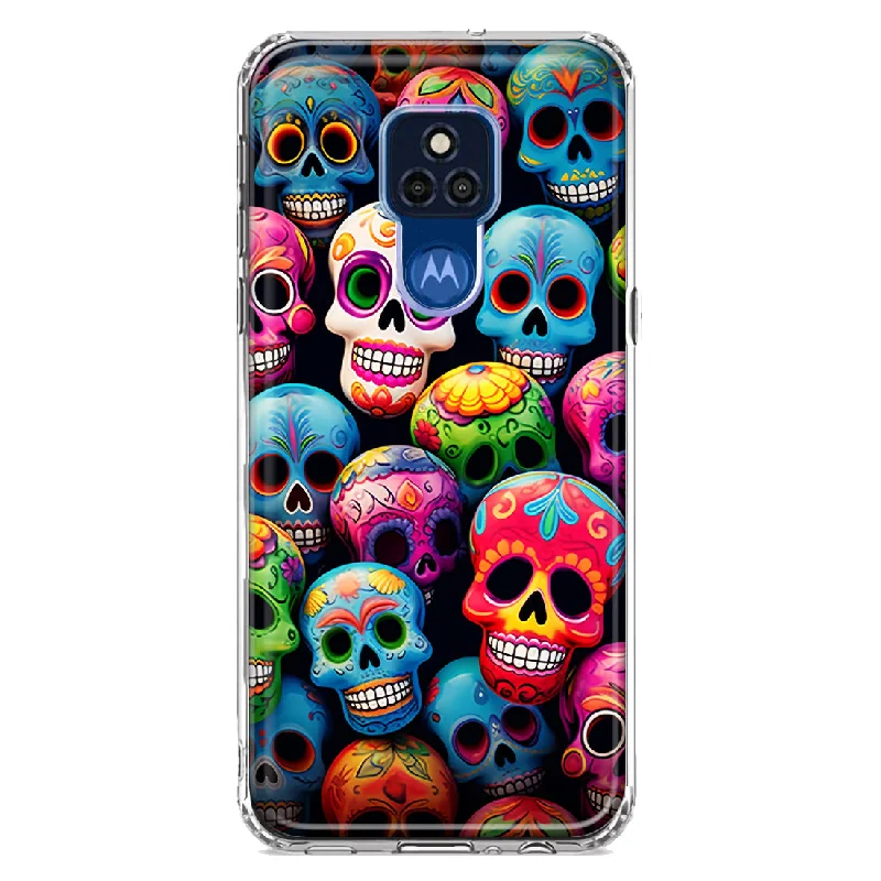 For Motorola Moto G Play 2021 Halloween Spooky Colorful Day of the Dead Skulls Design Hybrid Protective Phone Case Cover