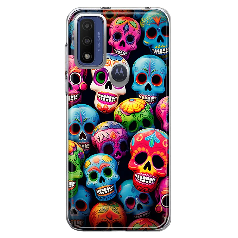 For Motorola Moto G Play 2023 Halloween Spooky Colorful Day of the Dead Skulls Design Hybrid Protective Phone Case Cover