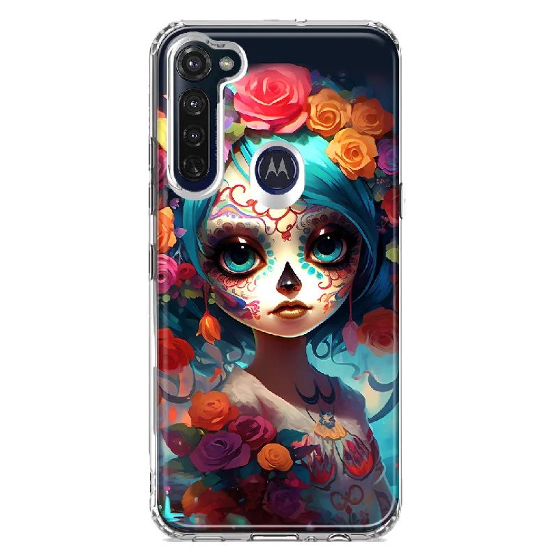 For Motorola Moto G Stylus Halloween Spooky Colorful Day of the Dead Skull Girl Design Hybrid Protective Phone Case Cover