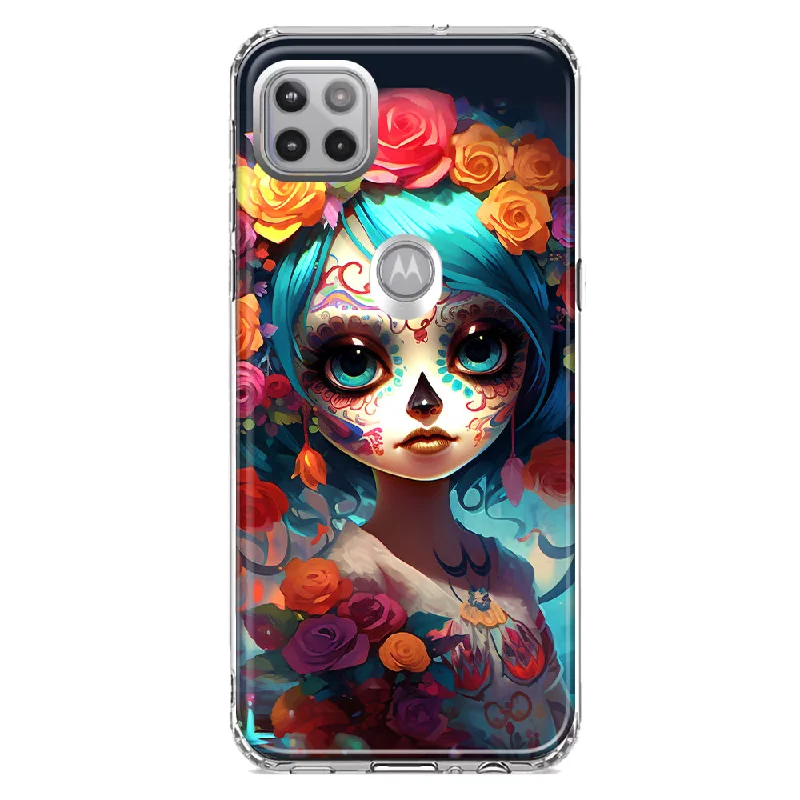 For Motorola One 5G Ace Halloween Spooky Colorful Day of the Dead Skull Girl Design Hybrid Protective Phone Case Cover