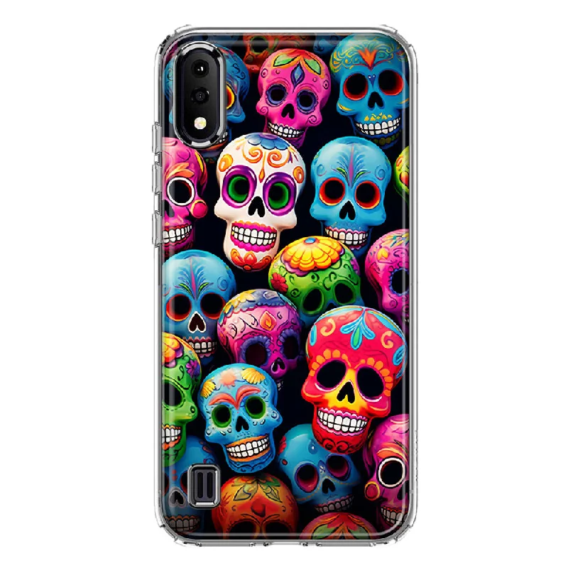 For Samsung Galaxy A01 Halloween Spooky Colorful Day of the Dead Skulls Design Hybrid Protective Phone Case Cover