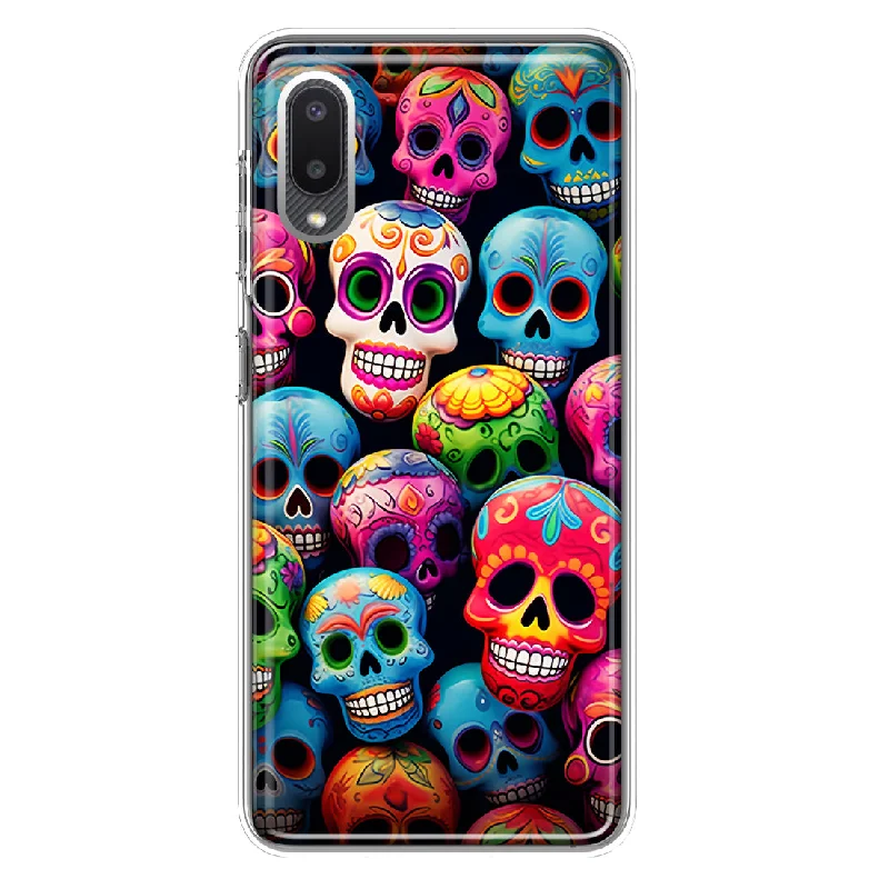 For Samsung Galaxy A02 Halloween Spooky Colorful Day of the Dead Skulls Design Hybrid Protective Phone Case Cover