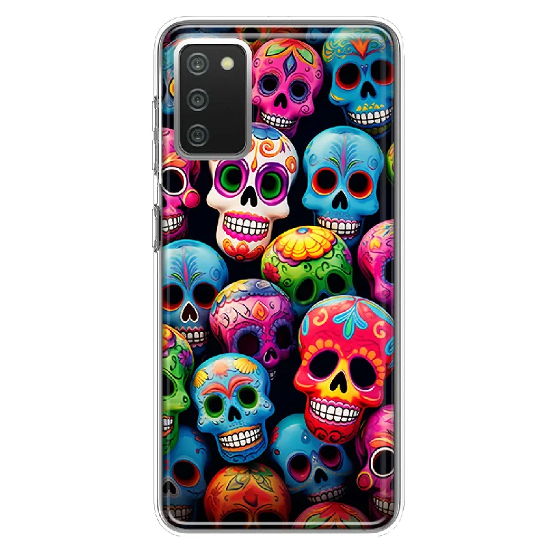 For Samsung Galaxy A02S Halloween Spooky Colorful Day of the Dead Skulls Design Hybrid Protective Phone Case Cover