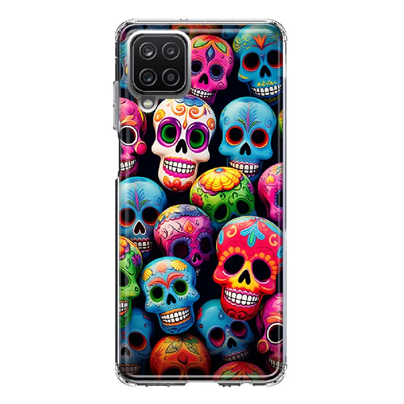 For Samsung Galaxy A12 Halloween Spooky Colorful Day of the Dead Skulls Design Hybrid Protective Phone Case Cover