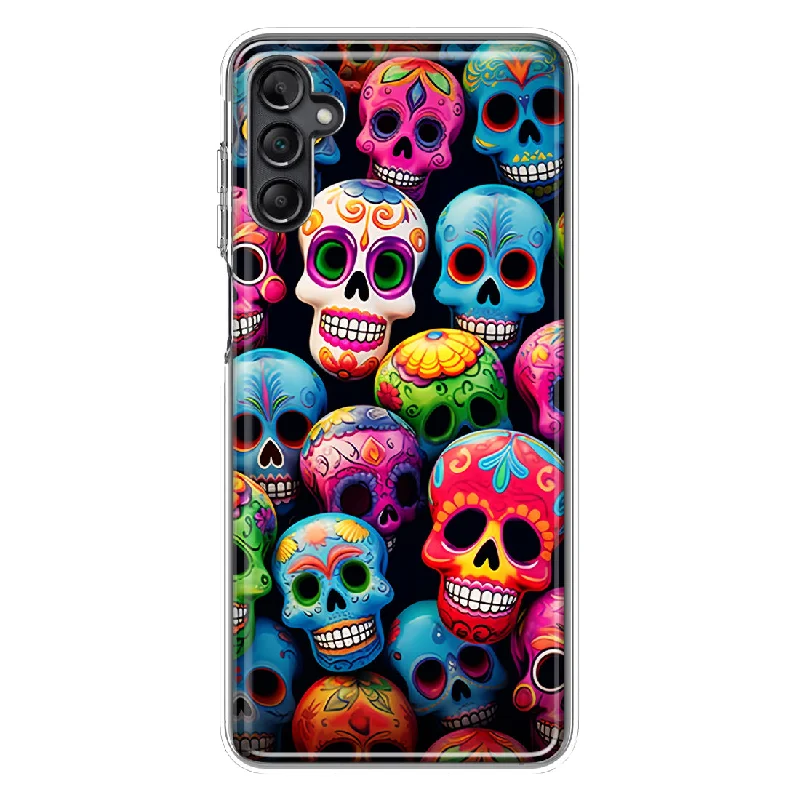 For Samsung Galaxy A13 Halloween Spooky Colorful Day of the Dead Skulls Design Hybrid Protective Phone Case Cover